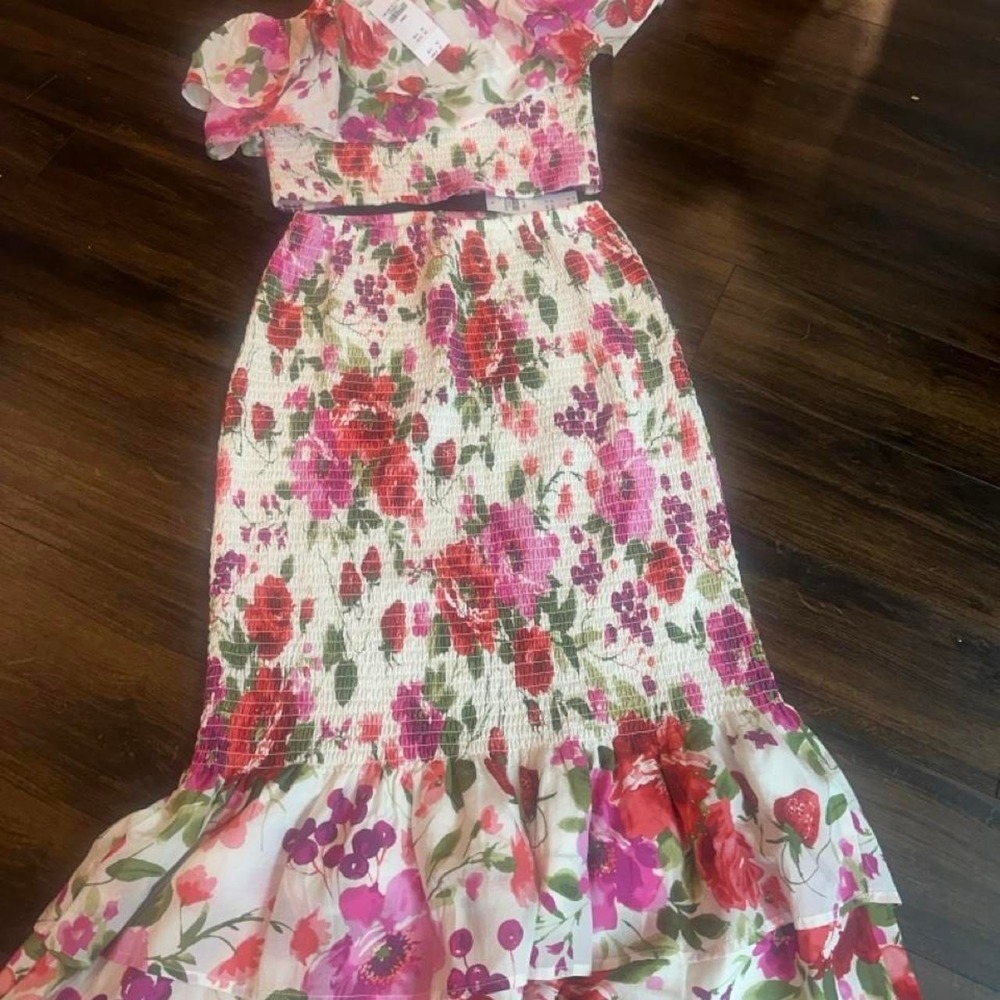 Abercrombie & Fitch Floral 2 Piece Dress Size Small Ruched Ruffle Pink Red NWT